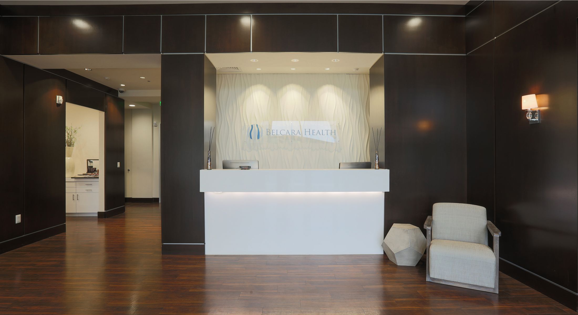 Modern healthcare reception area with neutral decor.
