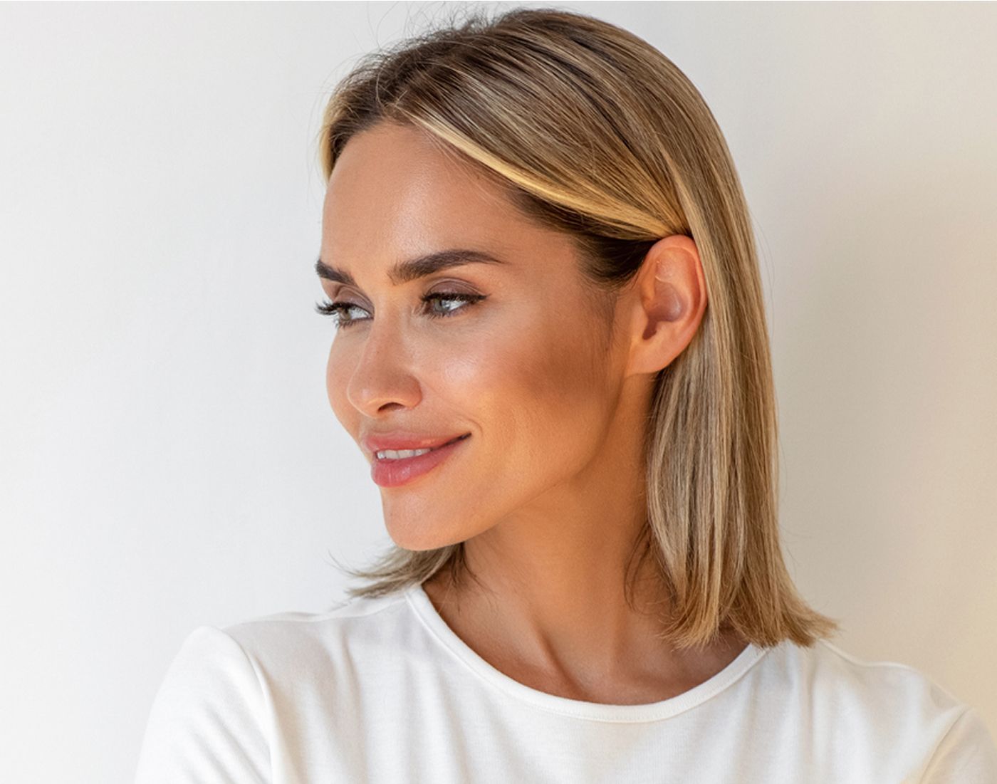 Smiling woman with short blonde hair portrait.